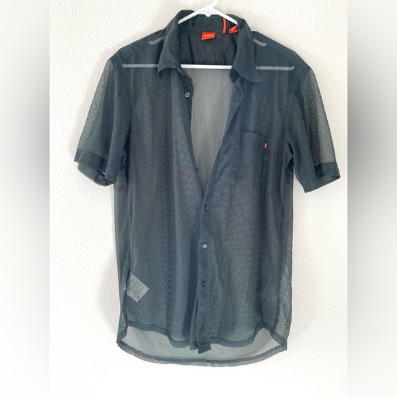 BOSS Hugo Boss Orange label Mens Button Down Mesh Shirt Vintage Large - Picture 1 of 10